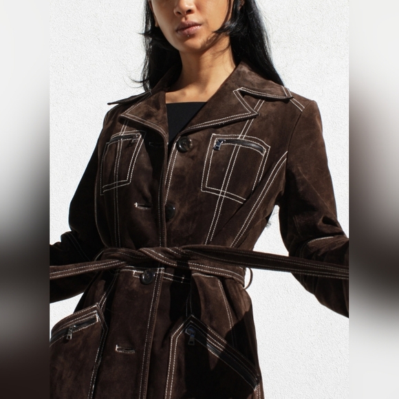 Vintage Y2K Guess Sueded Brown Leather Women's Trench Coat Size Small - Picture 3 of 8